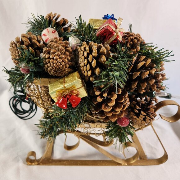 Pinecone Christmas Sleigh Lighted Gold and Christmas Mini Presents Faux Candies - Picture 6 of 13